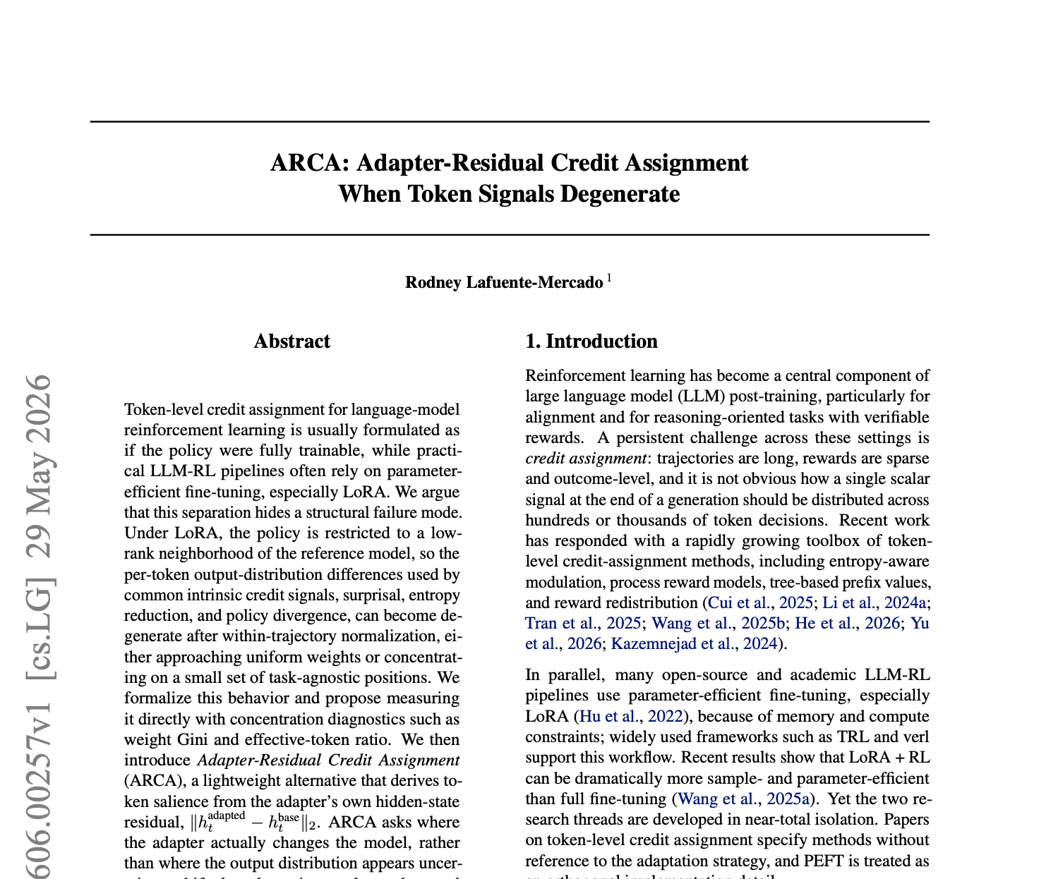 ARCA: Adapter-Residual Credit Assignment When Token Signals Degenerate